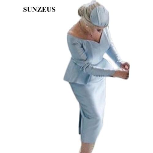 Blue Satin Mother Dresses for Wedding V Neck Long Sleeve Tea-Length Elegant Mother of the Bride Dresses Peplum Buttons SMD90