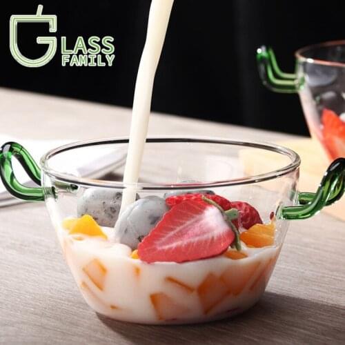 GF Glass Bowl with Double Handle Heat Resistant Dessert Fruit Salad Bowl Healthy Safe Glassware for Soup Milk Pasta Large Bowls