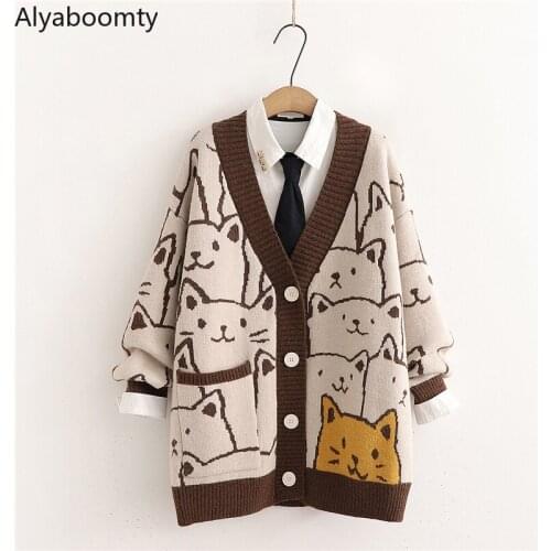 Japanese Mori Girl Autumn Winter Women Thick Sweater Cute Kawaii Cartoon Pockets Knitted Overcoat Sweet Cat Oversized Cardigan
