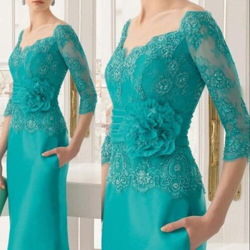 Gorgeous Teal Lace Full Length Mother of the Bride Dresses With Off Shoulder Three Quarter Sleeves Wedding Guest Gowns Flower