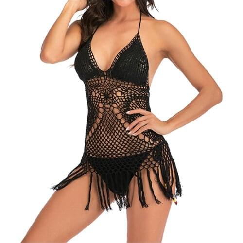 #Z45 Women Sexy Bikini Set Two-Piece Solid Color Knitted Backless Swimwear Beachwear Hollow Halter Tassel Swimsuit Womens