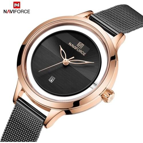 NAVIFORCE Women Watch Top Brand Luxury Fashion Black Rose Gold Color Wristwatch Stainless Steel Strap Date Display Female Watch