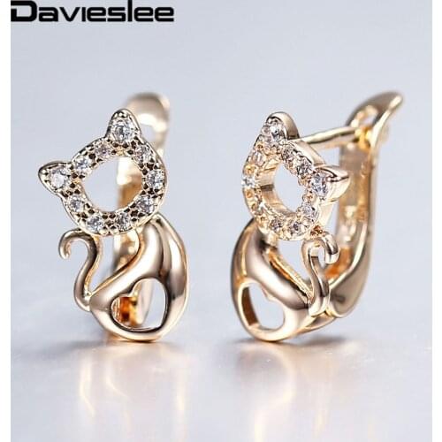Womens Earrings 585 Rose Gold Little Cat Kitty Pet Paved Clear Cubic Zircon Stud Earrings for Women Party Weeding Jewelry LGE293