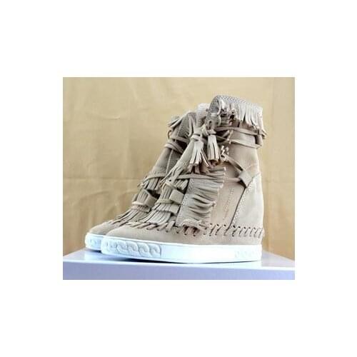 2021 Fashion Women Lace Up Spring Autumn Shoes Fringed Wedge Hidden Suede Leather Increasing High Heel Ankle Boots