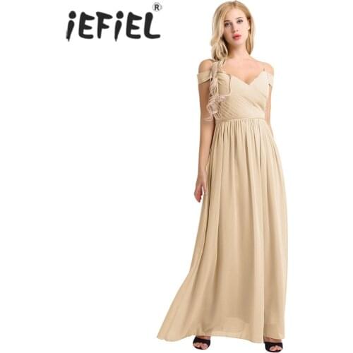 Womens Ladies Chiffon Off The Shoulder Pleated Long Dress Vestidos Femme Elegant Party Dress Prom Gown Cocktail Maxi Dresses