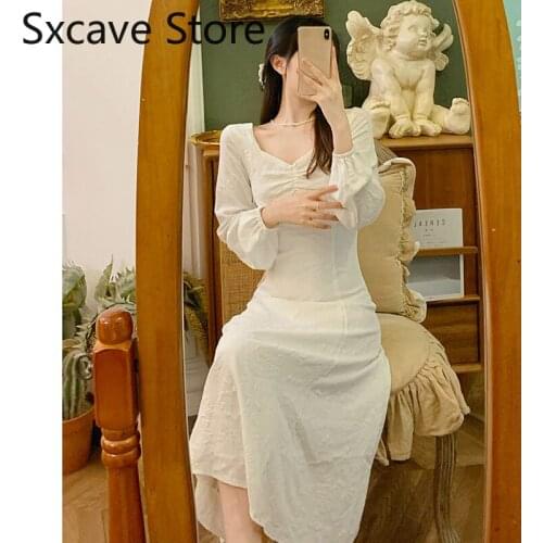 French Vintage White Dress Women 2021 Autumn Casual Long Sleeve Evening Party Midi Dress Female Elegant One Piece Dress Korean