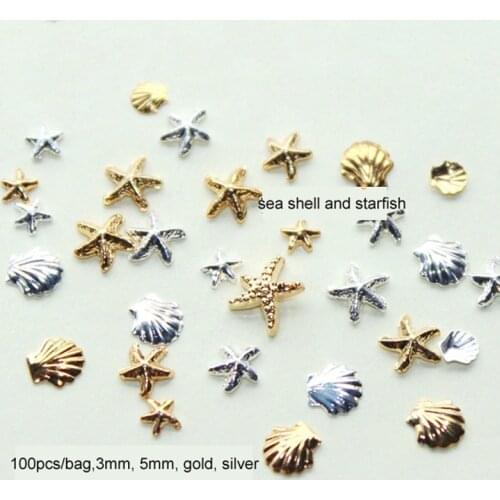 100PCS/bag 3MM&5M 3D Metal Sea Shell Starfish Mixed Gold Silver Nail Art Rhinestone Stud Spike Nail Tips Stickers Accessories