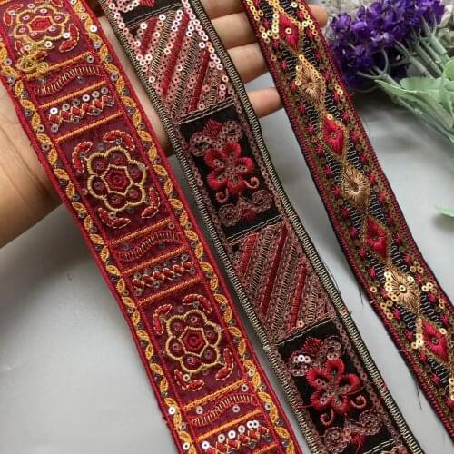 2 Yards Ethnic Red Gold Thread Sequins African Lace Trims Geometric Lace Ribbon DIY Sewing Decoration For Bridal Dress Hat