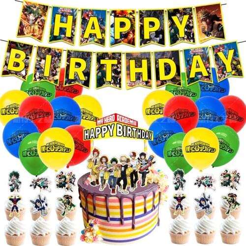 48Pcs/set Anime My Hero Academia Balloons Set Party Supplies Kids Happy Birthday Banner Cake Topper Baby Shower For Party Decor
