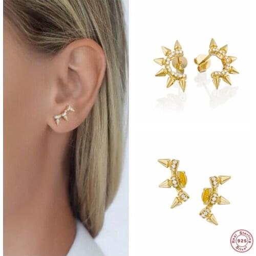 Aide 925 Sterling Silver Shiny Crystal Nail Shape Stud Earrings Punk Rivet Half Circle Sunflower Earrings for Women Rock Jewelry