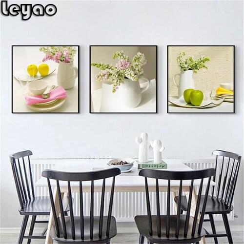 Diamond Embroidery Fruit Flowers Vase tableware 5d Diamond Painting Kitchen Triptych Living Room Decoration Wall Art 3 pcs