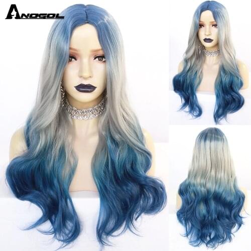Anogol Long Ombre Colorful Synthetic Wig Middle Part Natural Wavy Wigs Blue With Grey Daily Wigs