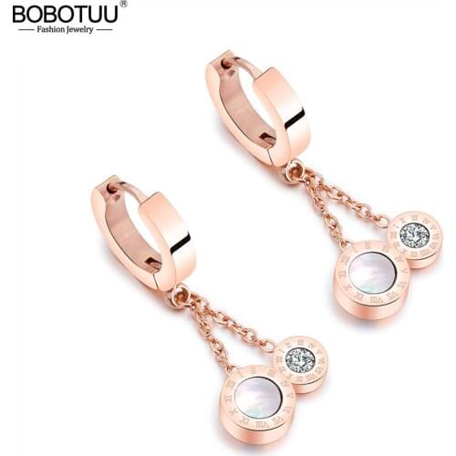 BOBOTUU Stylish Black & White Double-sided Roman Numerals Earrings Tassel Long Rose Gold Titanium Steel Earrings Female BE18116