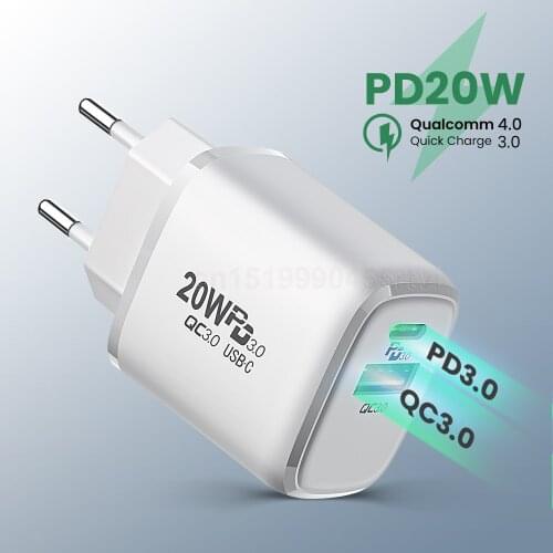 3A US/EU USB Type C Fast Phone Charger 2 Ports USB-C PD3.0 USB-A QC3.0 Travel Wall Quick Charge Adapter For iPhone 12 Samsung 10