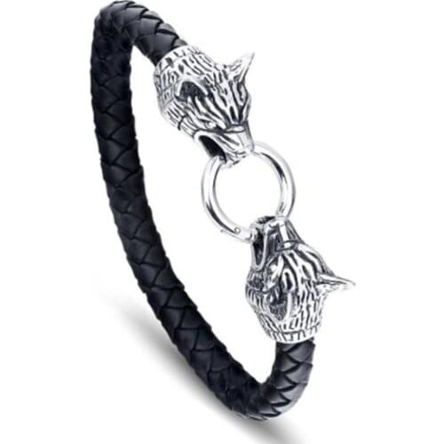 Mens Black Leather Bracelet Rock Metal Wolf Bracelet Fashion Glamour Party Jewelry Gift