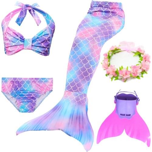 Girls Little Mermaid Tail Swimming Costumes Monofin Kids Children Bikini Bathing Swimsuit Set for Swimmable Cosplay