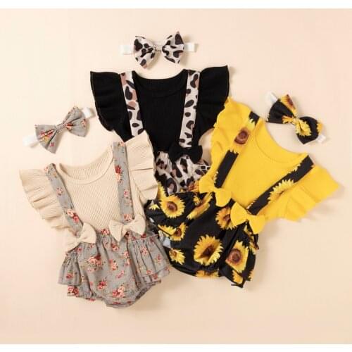 Kids Suit Set Solid Color O-Neck Short Sleeve Tops+ Sunflower Print Suspender Shorts+ Hairband for Girls 0-24 Months