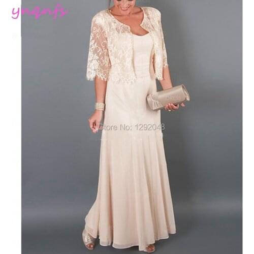 YNQNFS M186 Elegant Formal Dress Wedding Guest Dress Two Piece Champagne Mother of the Bride Groom Dresses with Lace Jacket 2019