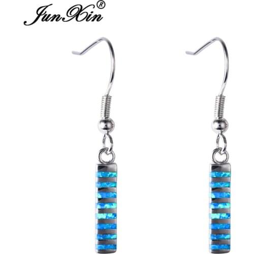 JUNXIN Blue Fire Opal Earring Fashion Jewelry Long Dangle Earrings Silver Color Double Earrings For Women