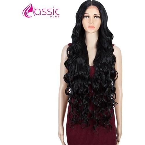 Classic Plus 34inches Long Natural Wave Wig Middle Part Black Color Wig Synthetic High Density Lace Front Wig For Black Women