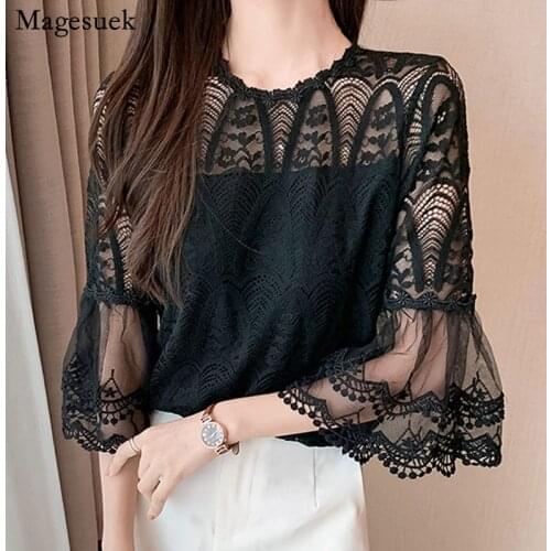 Summer Hook Flower Lace Blouse with Lining Flare Sleeve Sexy Korean Sweet Womens Shirt Hollow Casual Loose O Neck Tops 15453
