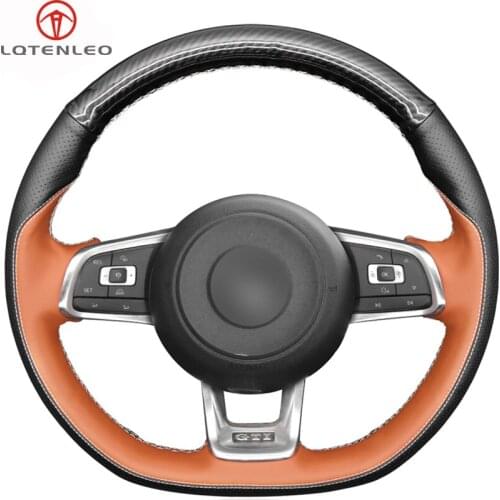 LQTENLEO Carbon Fiber Black Brown Leather Car Steering Wheel Cover for Volkswagen Golf 7 GTI Golf R MK7 VW Polo GTI Scirocco