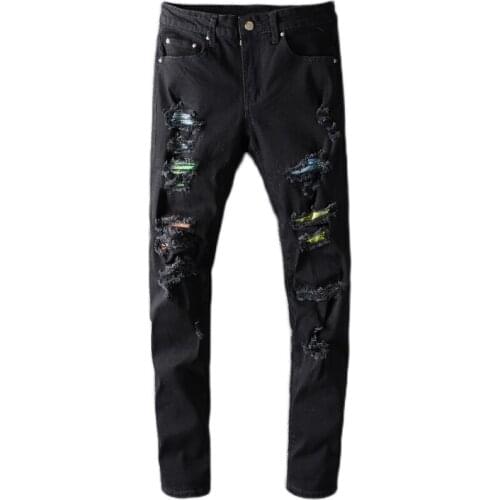 New mens male trousers American street fashion brand color diamond-studded black ripped jeans stretch tight-fitting denim pants