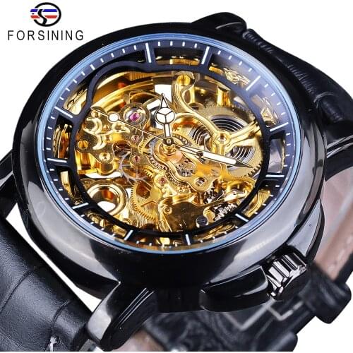 Forsining Royal Flower Carving Gear Golden Movement Transparent Leather Bezel Mens Mechanical Watch Top Brand Luxury Male Clock