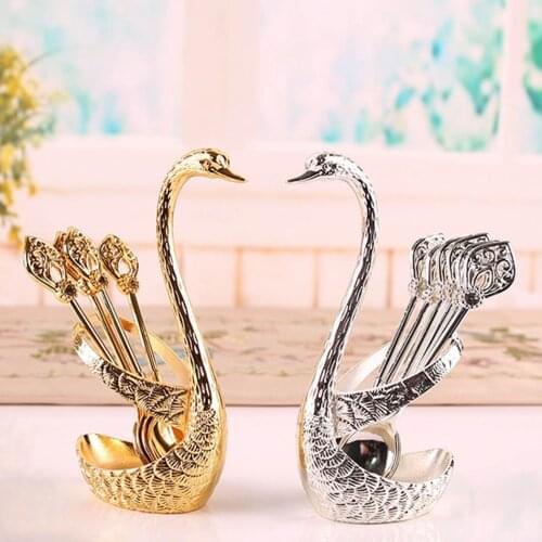 7Pcs Fruit Fork Spoon Storage Set Swan Fruit Base Holder Spoon Set Salad Dessert Coffee Cake Tableware Kitchen Storage