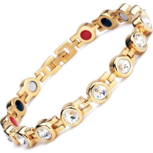 New Rhinestone Woman Magnetic Power Bracelet Health Energy Gold Fashion Jewelry Lady Stainless Steel Bracelets Bangles