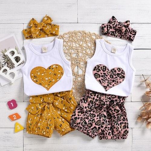 Newborn Baby Girl Clothes Summer Flower Print Peach Heart Sleeveless Tops Short Pants Headband 3Pcs Outfits Sunsuit