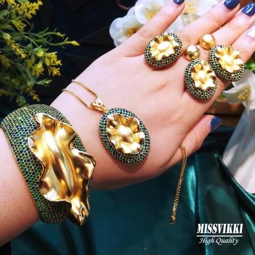 Luxury Surface Alloy Cuff Dubai Luxury Necklace Wide Bangle Earrings Ring Jewelry Set Wedding High Quality jewellery set