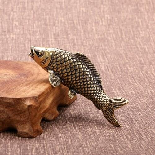 Solid Brass Fish Figurines Miniatures Antique Feng Shui Desktop Ornament Craft Simulation Carp Tea Pet Home Decoration Accessory