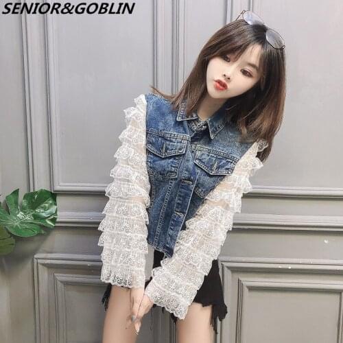 2019 New Autumn Winter Turn Down Collar Long Sleeve Blue Denim White Lace Split Joint Short Jacket Women Coat Fashion Tide