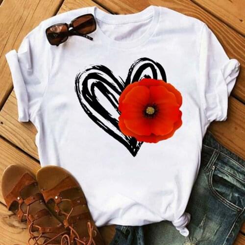 Red Poppy Heart Women T Shirt Casual Funny Tshirts O-Neck Aesthetics TShirt Print Casual Short Sleeve Streetwear Women Tops tee