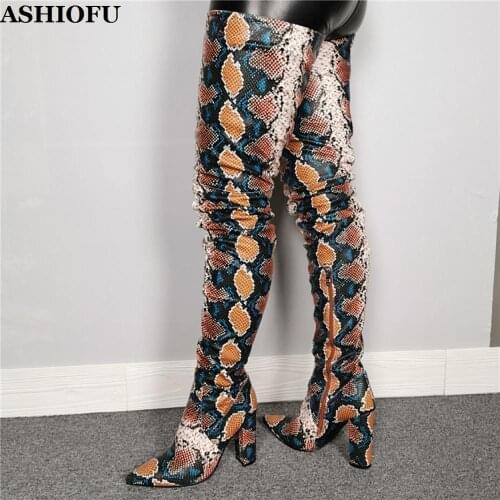 ASHIOFU Handmade Women Chunky Heel Over Knee Boots Real-photos Party Prom Sexy Thigh High Boots Winter Club Evening Boots Shoes
