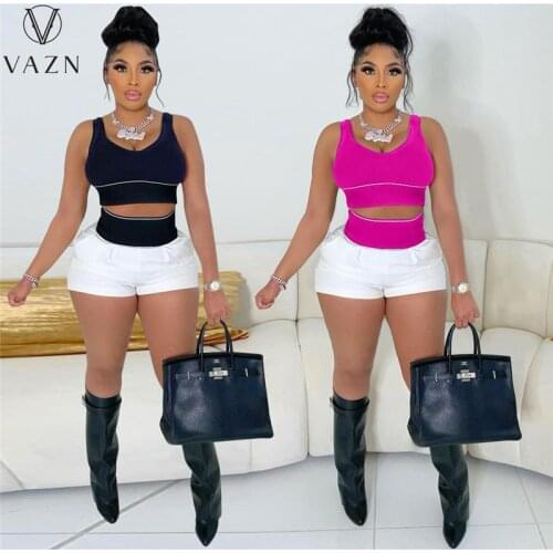 VAZN 2021 Solid Summer Bandage V-Neck Sleeveless Elegant Street Clothing Suits 2 Piece Set Women Top And Pant