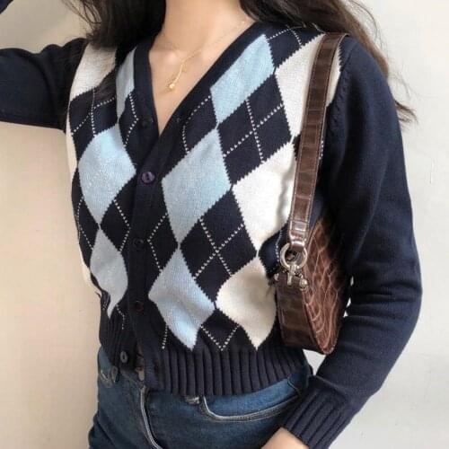Vintage Cardigan Women Geometric Pattern Short Knitted Y2k Sweater Sweet Fashion Long Sleeve England Style Outerwear Streetwear