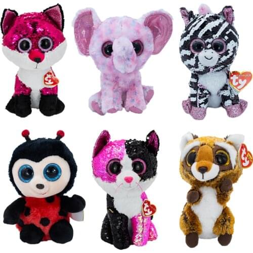 15CM Ty Beanie Boos Big Eyes Sequins Fox Ladybug Cat Zebra Raccoon Plushie Cute Doll Toys Decor Child Christmas Birthday Gift