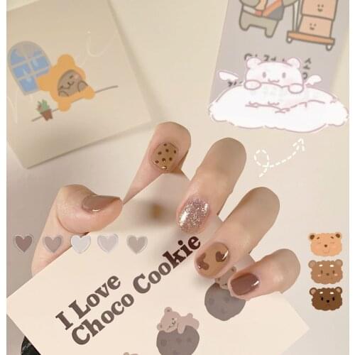 Chocolate Color Bear Short False Nail Wear Nail Art Finished Fake Nail Waterproof Detachable Nail Patch 24pcs