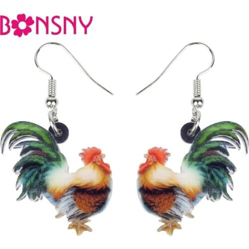 Bonsny Acrylic Floral Chicken Rooster Earrings Big Long Dangle Drop Fashion Jewelry For Women Girls Farm Animal Charms Wholesale