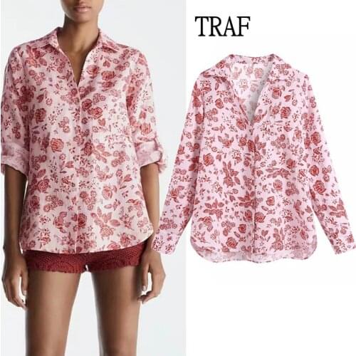 TRAF Za Women Blouses 2021 Summer Linen Printed Long Sleeve Top Woman Fashion Buttons Pocket Casual Shirts Blusas Chic Tunic