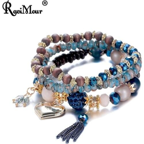 Crystal Beaded Charm Bracelets for Women Tassel Gold Heart Love Strand Bracelet Set Vintage Wood Elastic Armband Boho Jewelry