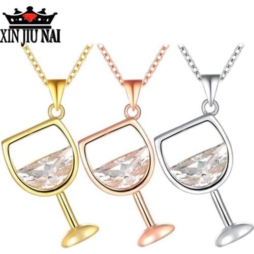 Rose Gold Chain Creative Wine Glass Pendant Necklace AAA Zircon Crystal Wine Cup Charm Necklace for Women 14k gold jewelry