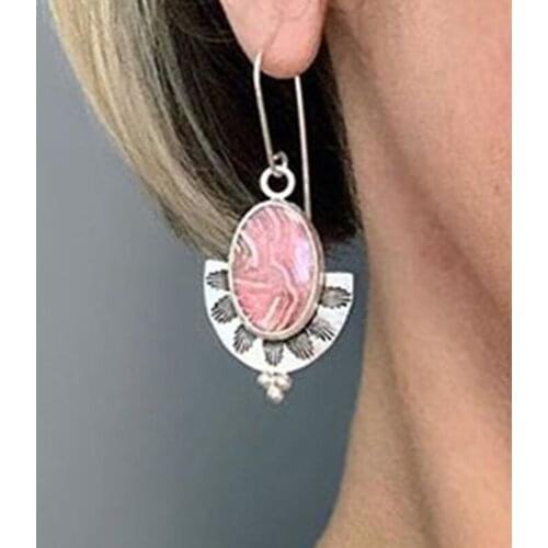 Two Tone Vintage Oval Pink Crystal Metal Earrings Bohemia Creative Lock Shape Earrings Drop Dangle Antique Silver Carved Jewelry