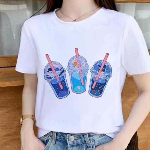 Cute Milk Cartoon Women T Shirts Three Cups Of Milk Tea With Different Flavors O-Neck Short Sleeve Modern Good For Mom Female