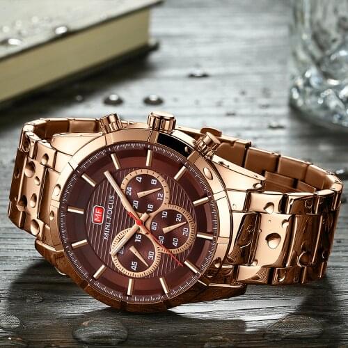 MINI FOCUS Top Brand Luxury Quartz Watch Men Stainless Steel Strap Brown Dial Chronograph Multifunction Royal Dress Wristwatch