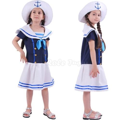 Girls School Uniform Cosplay Halloween Party Childrens Day Performance Dress + Hat Outift Kids Navy Sailor Uniform C46M254