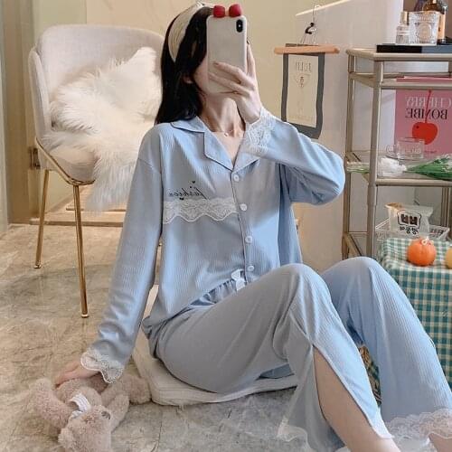 2021 Autumn Long Sleeve Cotton Pajama Sets for Women Korean Cute Lace Sleepwear Suit Pyjama Homewear Pijama Mujer Lounge Clothes