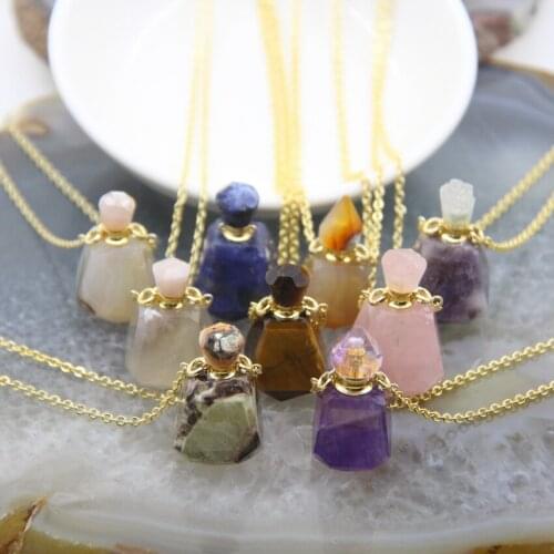 Natural Agates/Amethysts Perfume Bottle Pendants,Healing Rose Quartz/Ocean Jaspers Essential Oil Diffuser Necklace DIY Jewelry